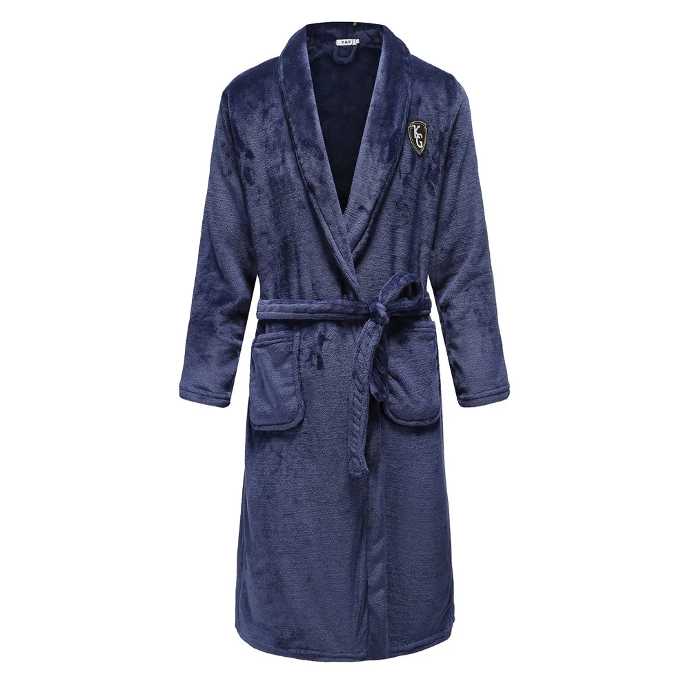 Flannel Men Nightwear Negligee Winter Coral Fleece  Gown Sleepwear Home Clothing Thick Bathrobe Belt Pocket Nightgown