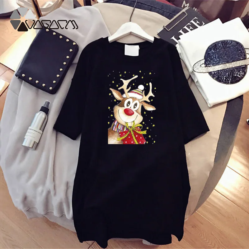 

Women Summer T-Shirt Dresses Kawaii Reindeer Cartoon Print Christmas Dress Harajuku Short Sleeve Loose Plus Size Mini Vestidos