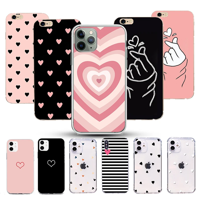 

Trendy Pink Lovers Love Heart Clear Phone Case for iPhone 12 11 13 Pro Max Mini 5 5S E 7 8 6 6s PlusX XR XS protective cover