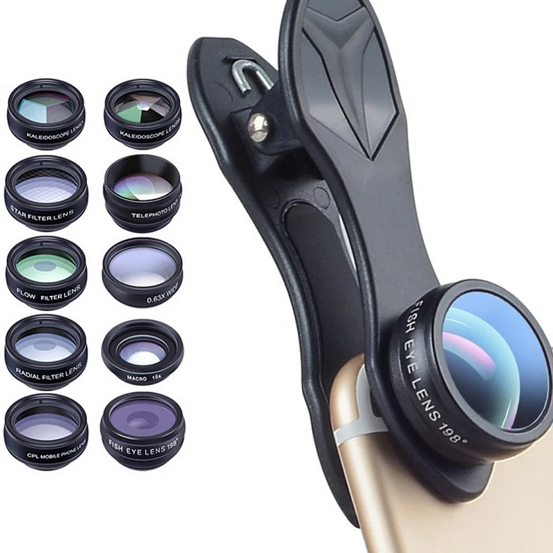 

1 Набор 10 в 1 комплект объективов для камеры телефона («рыбий глаз Широкий формат макро объектив CPL фильтр калейдоскоп и 2X объектив телескопа ...