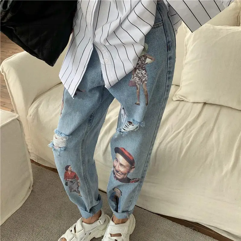 

Прямые джинсы ZHISILAO с принтом персонажа, Женские винтажные джинсовые брюки с высокой талией, джинсы-бойфренды в уличном стиле, лето 2021