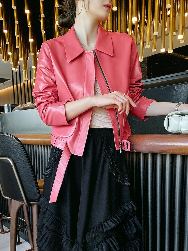 

Дизайнерское меховое пальто из овечьей кожи, красная мотоциклетная куртка, короткое кожаное пальто для женщин