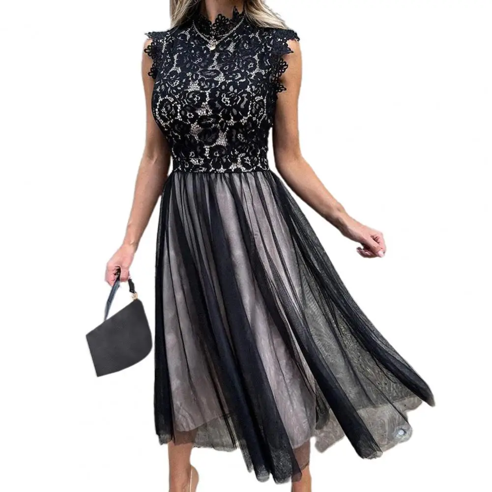 

Женское Сетчатое платье с воротником-стойкой, однотонное элегантное винтажное платье из полиэстера с широким подолом, лето 2021