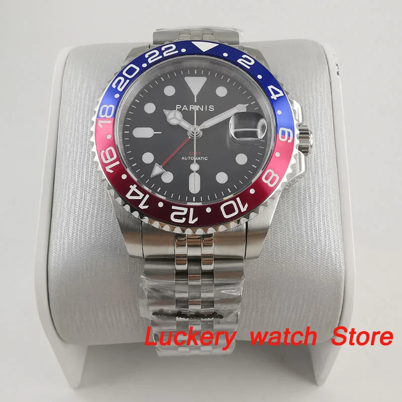 

Parnis 40mm black dial red GMT luminous marks Blue and red Bezel sapphire glass automatic Mens Watch-PA94