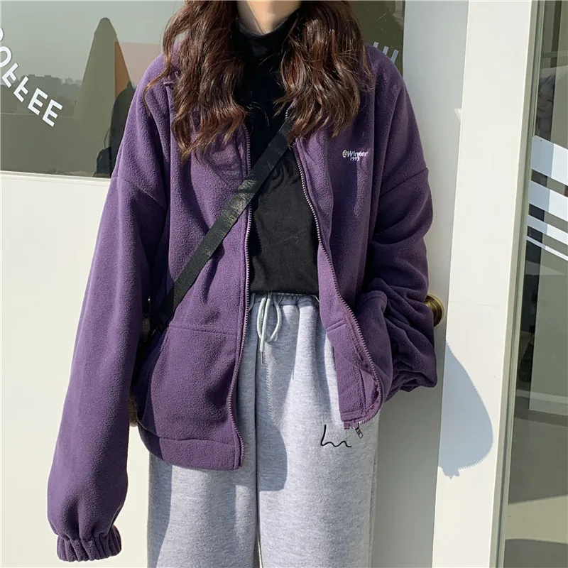 

2021 Spring Purple Letter Printed Long Sleeve Loose Lapel Jacket Women Zipper Pocket Solid Jacket Sweatshirts Autumn Plus Velvet