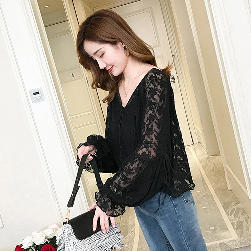 

2020 New Arrival V-Neck Lace Crochet Hollow Out Shirts Long Sleeve Slim Casual blouse women