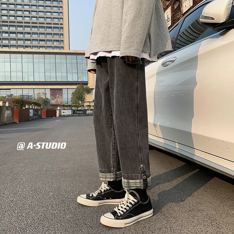 

Spring Autumn Men Jeans Loose Straight Plaid Pants For Men Chic Harajuku Korean Version Trendy Punk Denim Trousers Size S-2XL