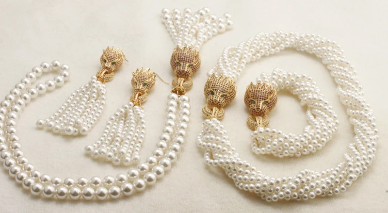 

GRAYBIRDS LUXURY JEWELRY BIG SET ANIMAL PANTHER LEOPARD NECKLACE BRACELET EARRING SHELL PEARL ZIRCON HOT PINK COLOR