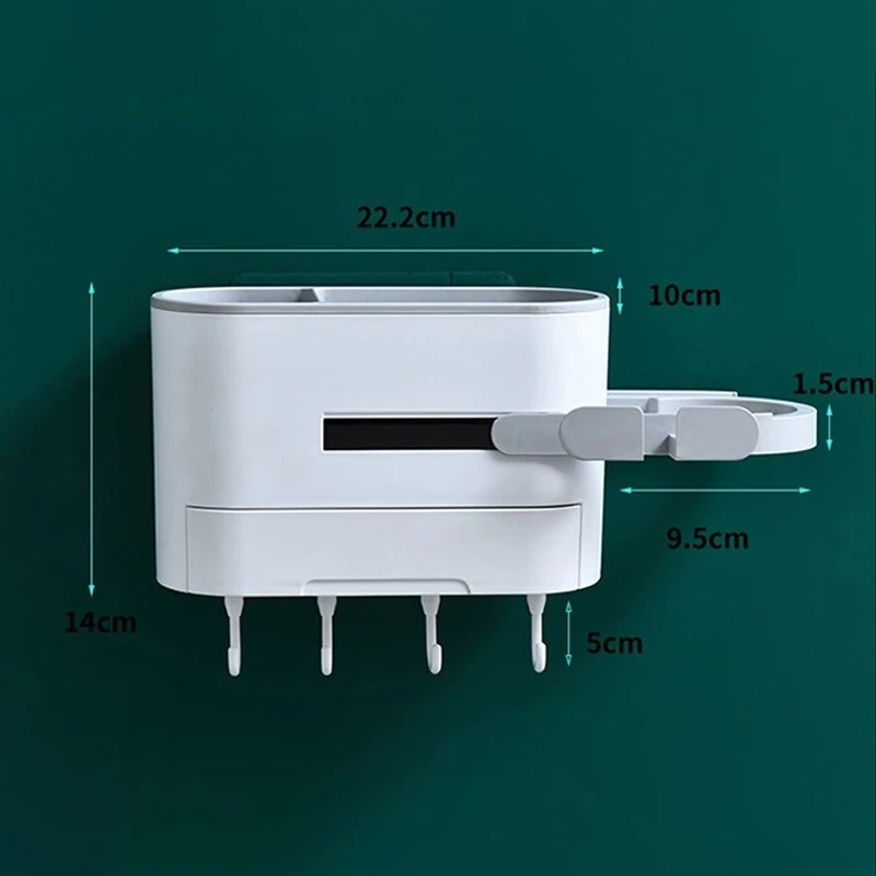 

Hair Dryer Holder Wall Mounted Punch-free Bathroom Comestic Storage Rack With Hooks Self-adhesive Waterproof Bathroom Shelf