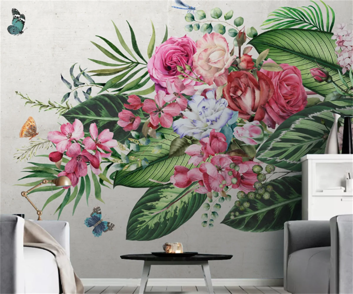 

Nordic modern flowers and green plants small fresh background wall custom 3D any size mural decoration painting papel de parede