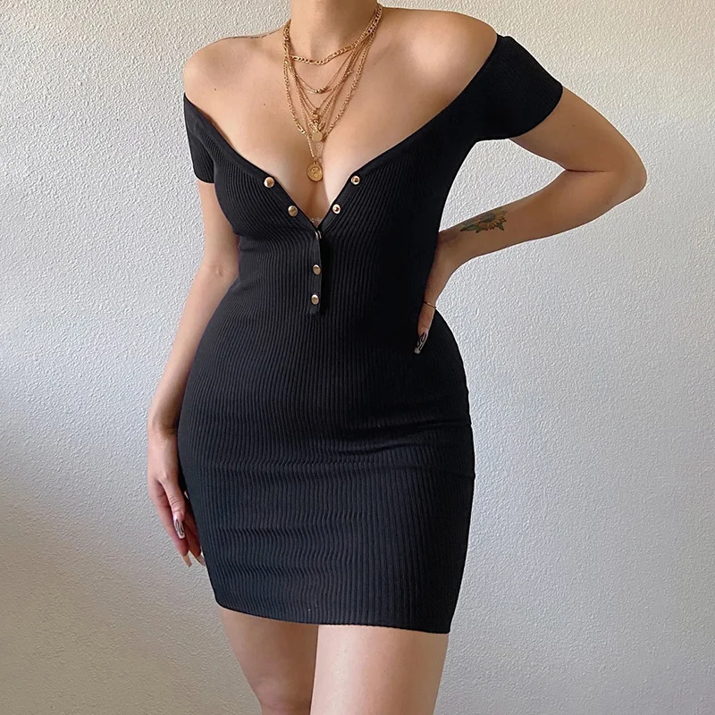 

V-Neck Button Knitted Off Shoulder Mini Dresses Sexy Fashion Summer Party Dresses Women Skinny Elastic Solid Color New