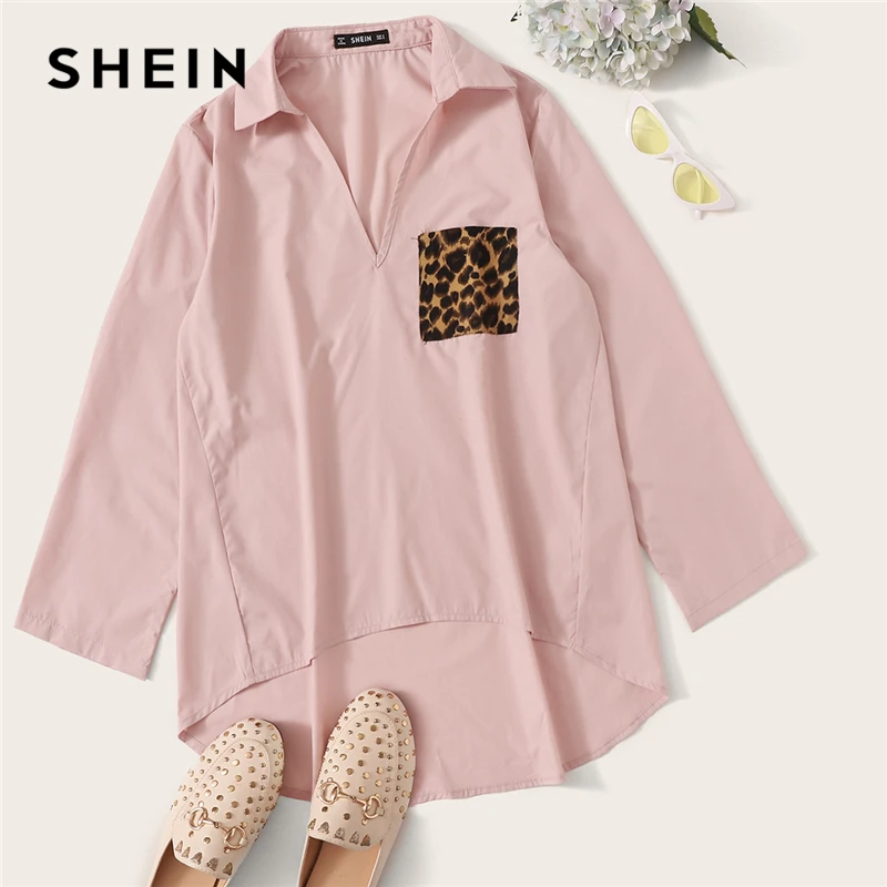 SHEIN женская блузка с леопардовым принтом и карманами, женская одежда, весна, повседневные женские топы с длинным рукавом, одноцветные свободные блузки