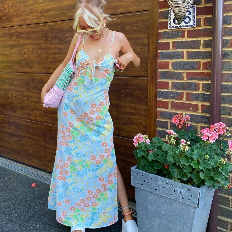 

Dourbesty Women Sexy Slit Dress Floral Printed Deep V-neck Front Bow Sleeveless Sunmmer Skirt Long Dress 90s Fashion Vetidos