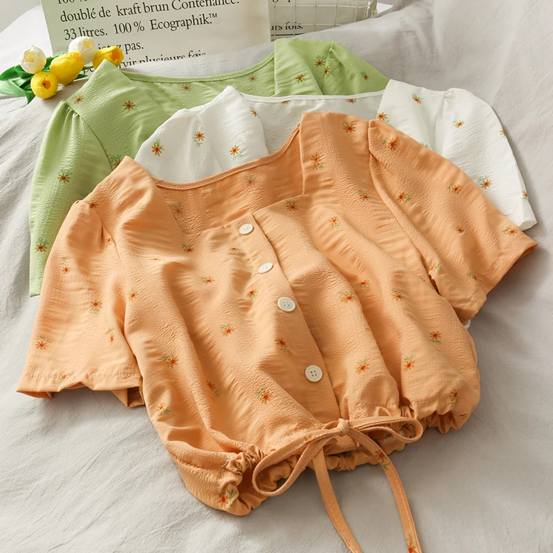 

Женская блузка с коротким рукавом, Повседневная рубашка с принтом, уличная одежда в Корейском стиле, лето 2021