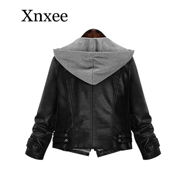 black gray punk elegant Women's pu  Leather Jacket Large Size Female Thin Hooded Long-sleeved Leather Women Short Coat short