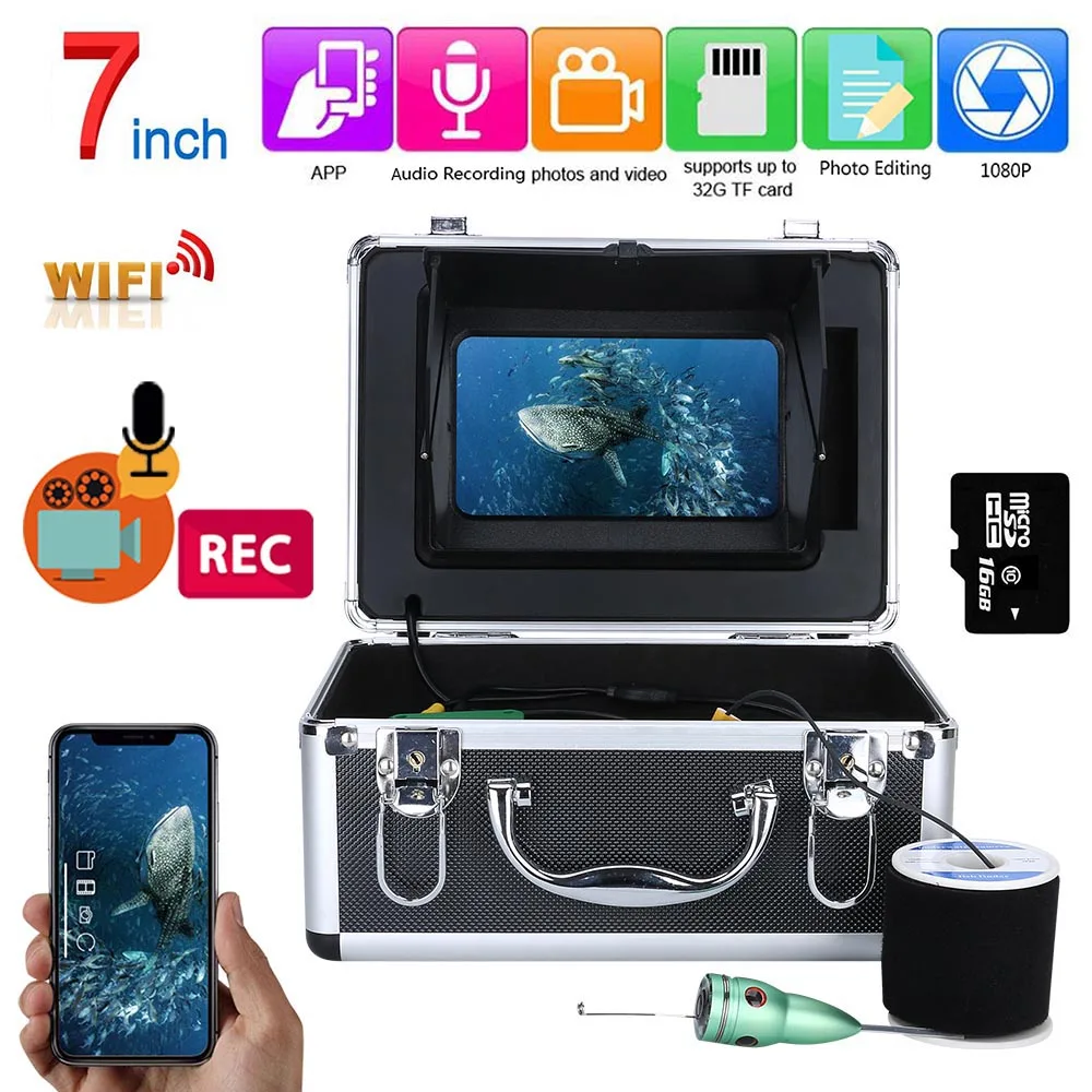 Рыболокатор для подводной рыбалки 1080P камера комплект 7 дюймов WIFI Беспроводная 16GB