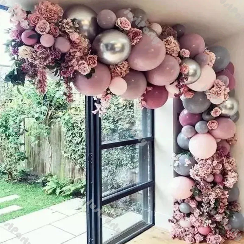 

100pcs Doubled Baby Pink Gray Balloon Garland DIY Wedding Decoration Anniversary Engagement Decor Chrome Silver Balloon Arch