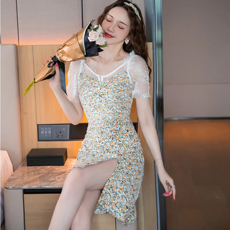 

Summer Floral Chiffon Mesh Patchwork Beach Midi Sundress Women Vintage Korean Sexy Chic Dress 2022 Elegant Bodycon Party Vestido
