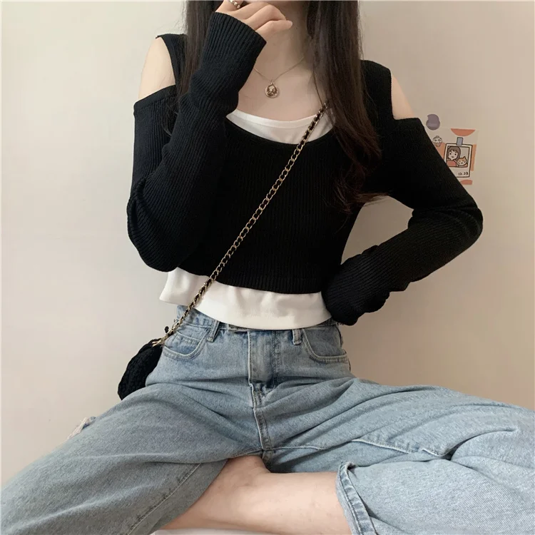 

Spring 2021 New Short Fake Two-Piece Women's Tops Chic Hong Kong Style Scheming All-Match Knitted Long-Sleeved Bottoming T-shirt
