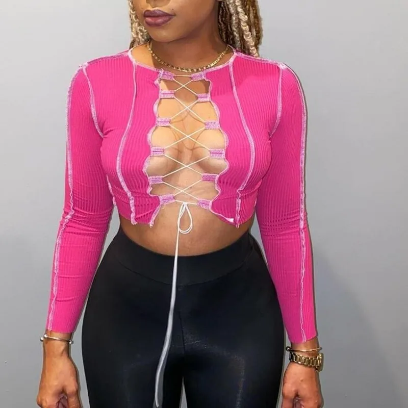 

High Elastic Solid Color Knitted Skinny T Shirt Women Lace Up V Neck Short Top 2020 New Arrival Sexy Hollow Nightclub Wear Shirt