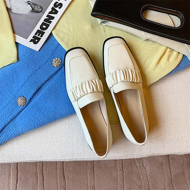 

Meotina Low Heels Real Leather Loafers Shoes Woman Chunky Heel Dress Pumps Pleated Square Toe Ladies Footwear 2021 Spring Brown