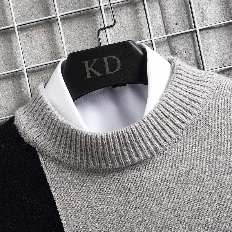 

2021 New Winter Men Turtleneck Sweater Casual Loose Pullover Men's Fashion Stitching Contrast Knitted Sweater Men's Clothes