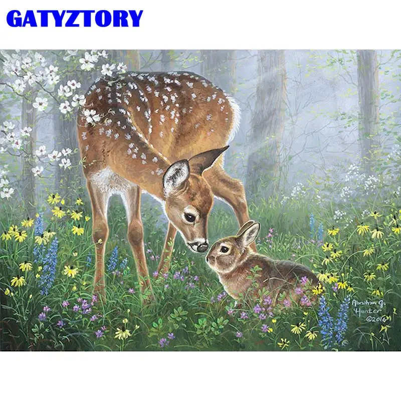 

GATYZTORY Framed Deer And Rabbit Animal Painting By Numbers Kits For Kids Diy Gift Animal Paints Kit Living Room Wall Artcraft P