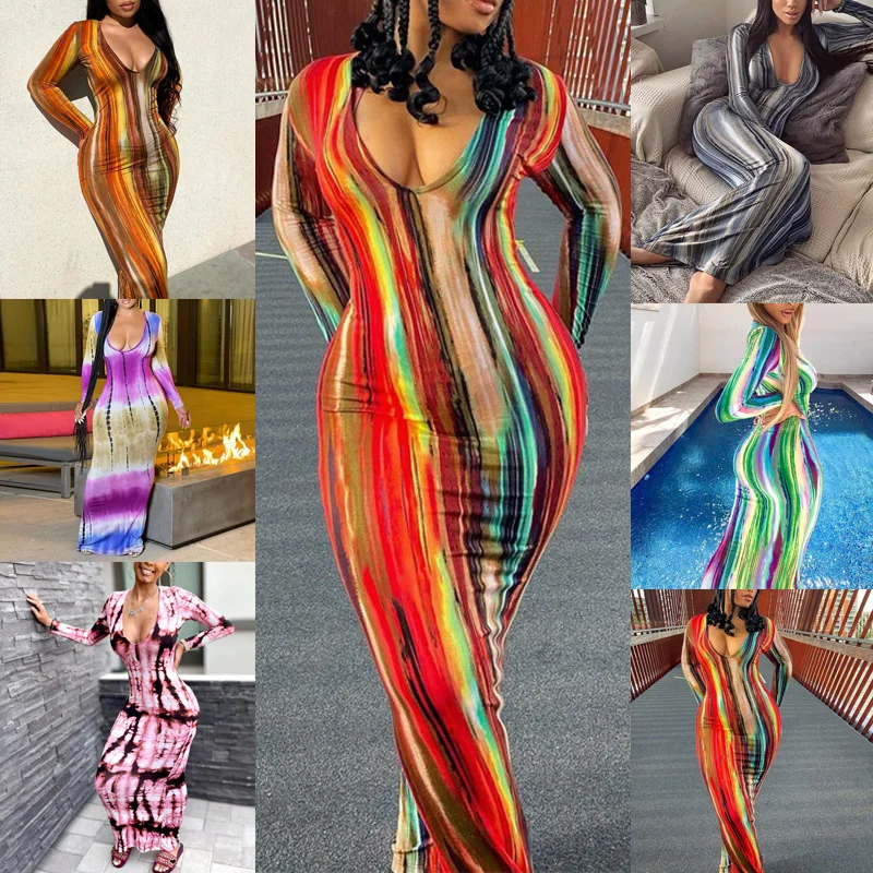 Printed Slim Fit Party Dress Women 2021 Spring Autumn Long Sleeve Elegant Ladies Sexy V Neck Bodycon Maxi Pencil Dresses