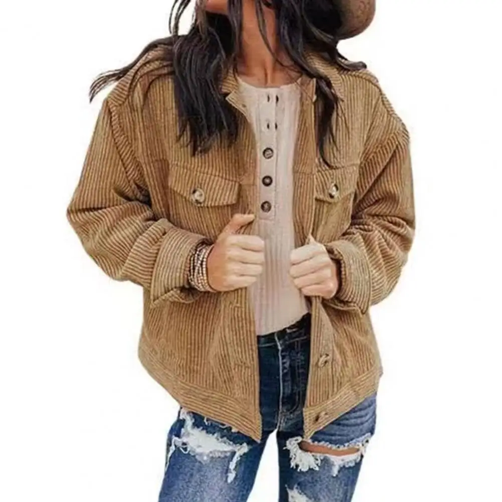 

Women Cardigan Jacket Ribbed Corduroy Turndown Collar Casual Jacket Coat Outerwear