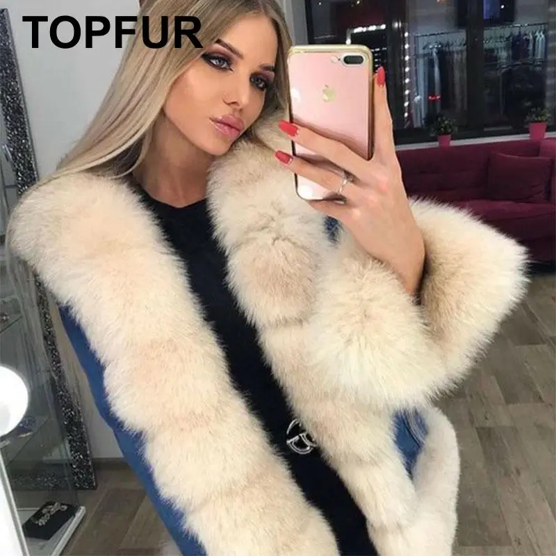 TOPFUR, модная зимняя шуба из натурального Лисьего меха, Женское пальто, Повседневная джинсовая куртка для женщин, роскошная меховая парка, базовые куртки, верхняя одежда