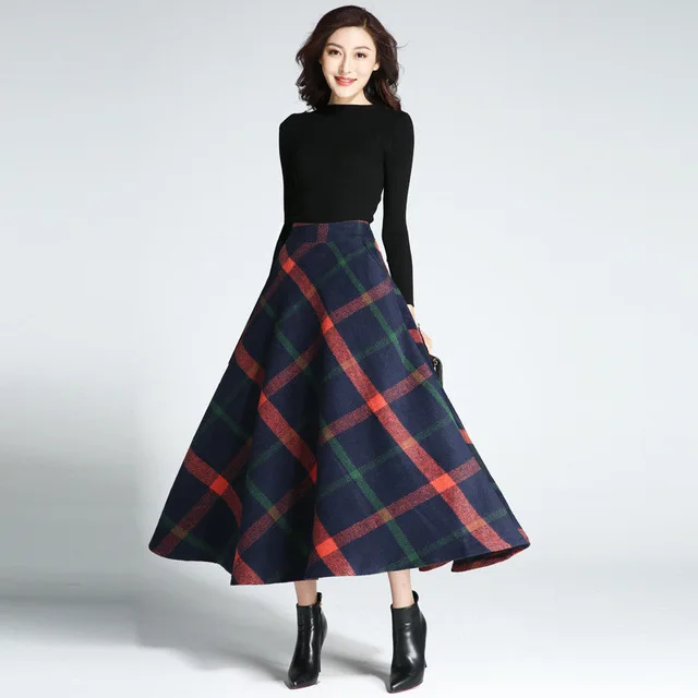 Женские юбки зимние плотные весенние шерстяные клетчатые элегантные