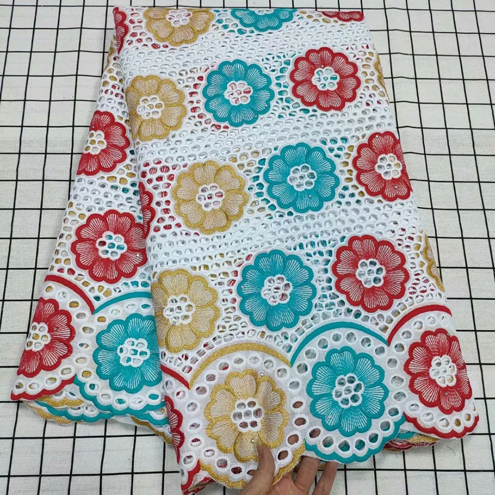 

Full Design Cotton Lace Fabric With Stones Beautiful Embroidery Swiss Voile Lace For Sewing Women Dress