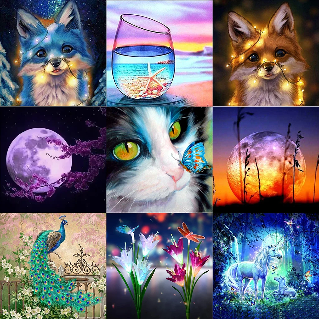 Animals Fox Peacock Butterfly Cat 5D Diamond Painting Kits for Adults Full Round Diamond Art DIY Crafts Moon Home Wall Decor