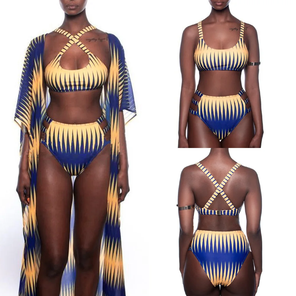Summer Women Bikinis Swimwear Three Piece Sets Cover Up Cloak Beach Printed Sexy Bathing Swimsuits
