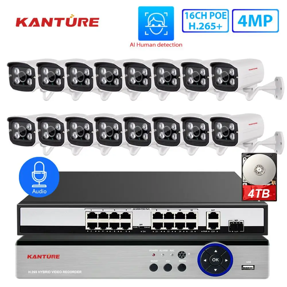 KANTURE H.265 + 16CH 5MP Беспроводной NVR POE камера безопасности Система Аудио Открытый IR-CUT