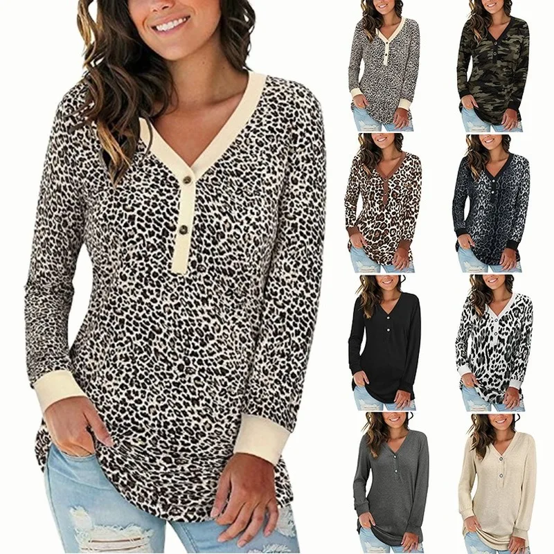 

V-neck Button Leopard Print Splicing Long Sleeve T-shirt Women Clothes Antumn Winter Shirts