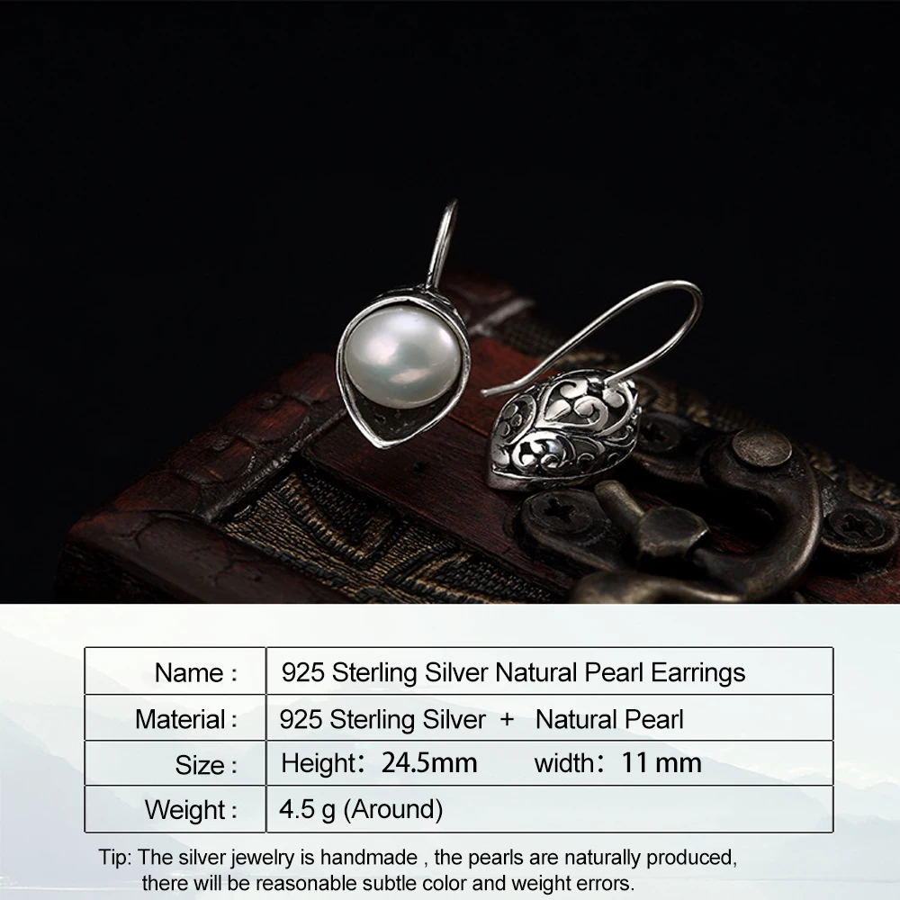 

LATS 925 Sterling Silver Retro Pattern Inlaid Natural Pearl Earrings Vintage Drop Earrings for Women 2020 Fine Jewelry Earings