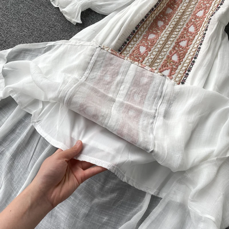 Винтажное длинное платье из хлопка с цветочной вышивкой Элегантные Осенние