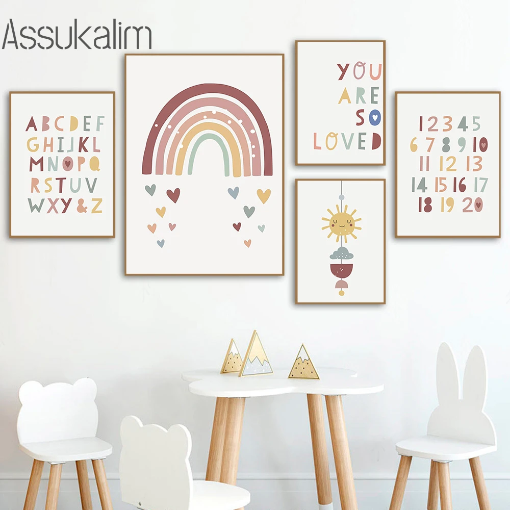 

Nursery Canvas Painting Rainbow Sun Posters ABC Poster Digital Education Wall Art Print Nordic Wall Picture For Kids Room Decor