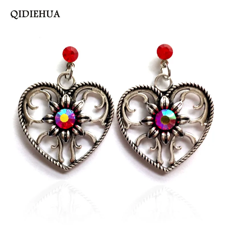 Женские серьги подвески в форме сердца античные серебристые красные с