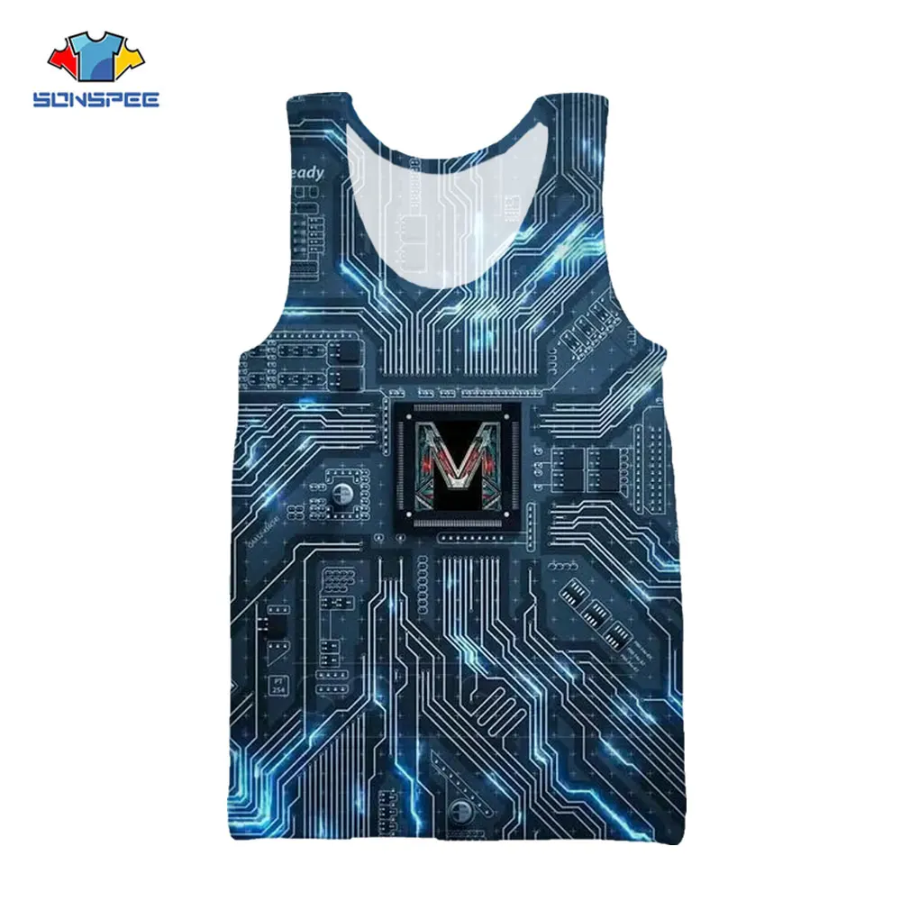 

Novelty 3D Printed Tank Top Computer CPU Core Heart Circuit Hacker Vest Techwear Tops Hip Hop Gym Muscle Bodybuilding Undershirt