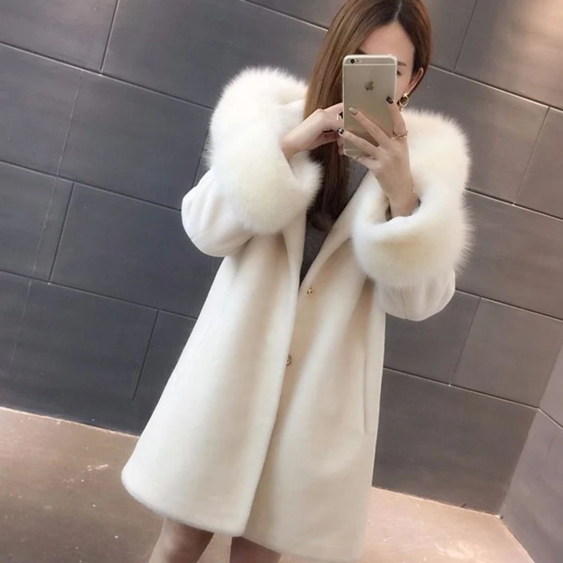 

Fashion Winter New Hooded Sheep Sheared Fur Coat Wool Coat Women's Medium And Long Imitation Fox Hair Thickened Korean Slim Fit