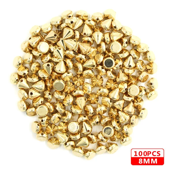 8MM Cone Gold 100 шт шьют заклепки CCB пирамиды конусные заклепки все виды пластиковых шпильки серебристые золотые черные шипы для кожаной одежды аксессуары DIY - Цвет: 8MM Cone Gold