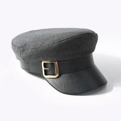Military Hat Fashion PU Leather Spring Cotton Sailor Hat For Women Belt Buckle Black Grey Flat Top Beret Newsboy Cap Captain Cap - Цвет: Gray