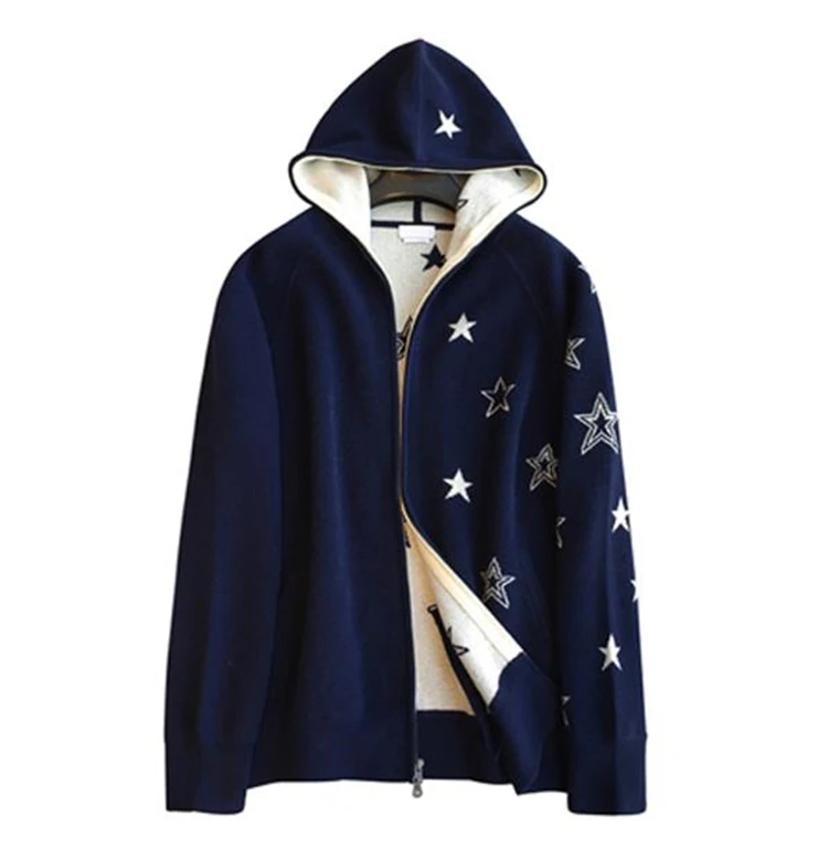

pure cashmere knit women fashion stars pattern hooded zipper sweatshirts coat M/L/XL retail wholesale customize