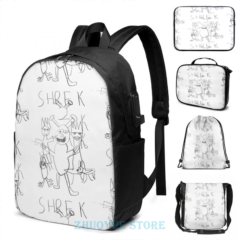 Фото Забавный графический принт Шрек с 2 портами (стандарт заряд рюкзак школьные сумки