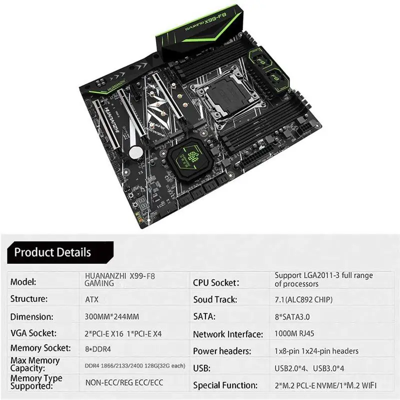 

HUANANZHI X99 F8 X99 Motherboard with Intel XEON E5 2680 v4 with 4*8G DDR4 Non-ECC memory combo kit set NVME SATA 3.0 USB 3.0