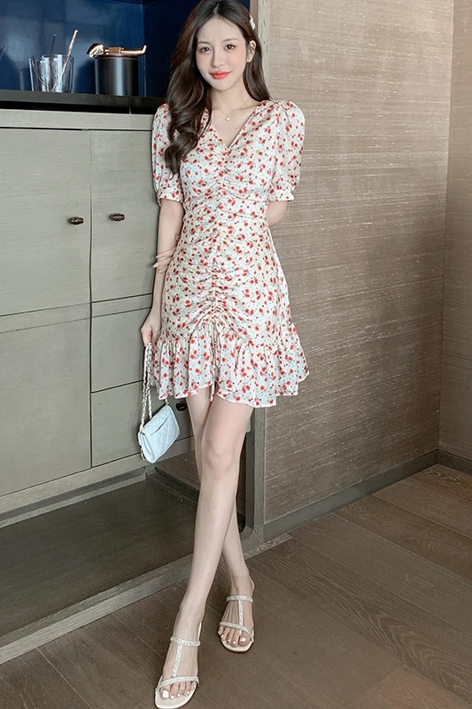 

COIGARSAM Floral Print Women Mini dress Chiffon High Waist Dresses Design And Color 8259