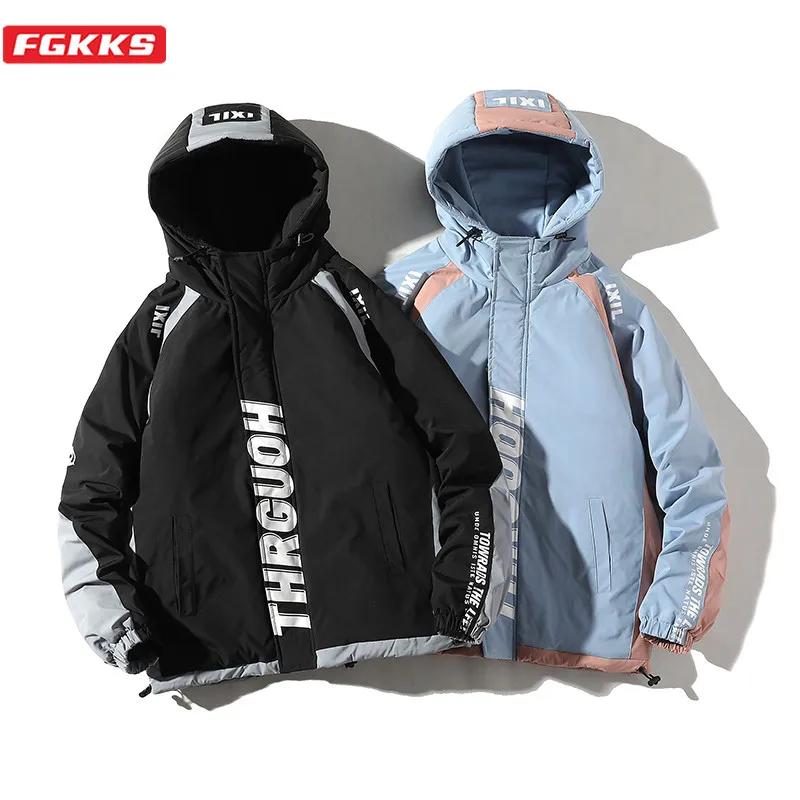 

FGKKS Winter Brand Men Fashion Parkas Men's Letter Print Hooded Parka Male Harajuku Style Thick Warm Parka Coat