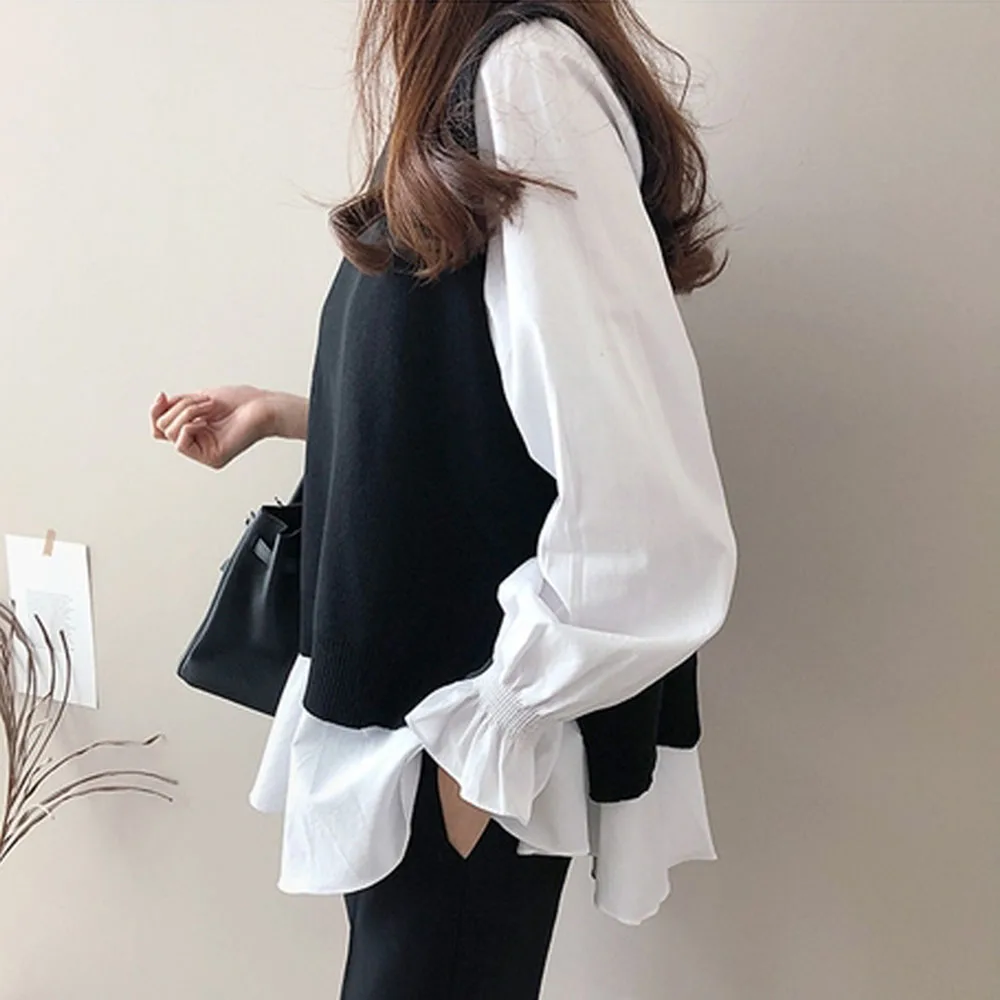 Женский пуловер из двух предметов осенняя блузка с длинным рукавом и оборками